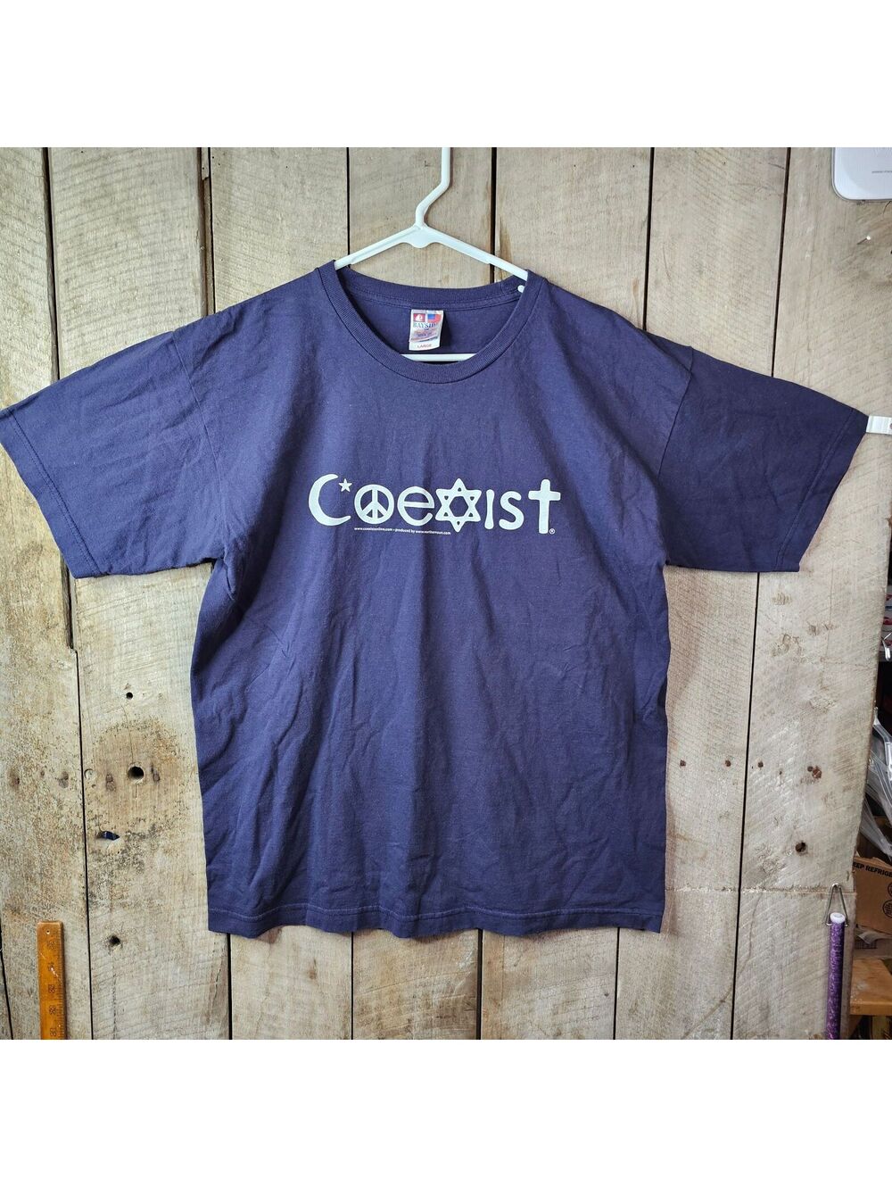 Vintage Coexist T-Shirt Large Purple Bayside Made In USA Peace Religion Tee